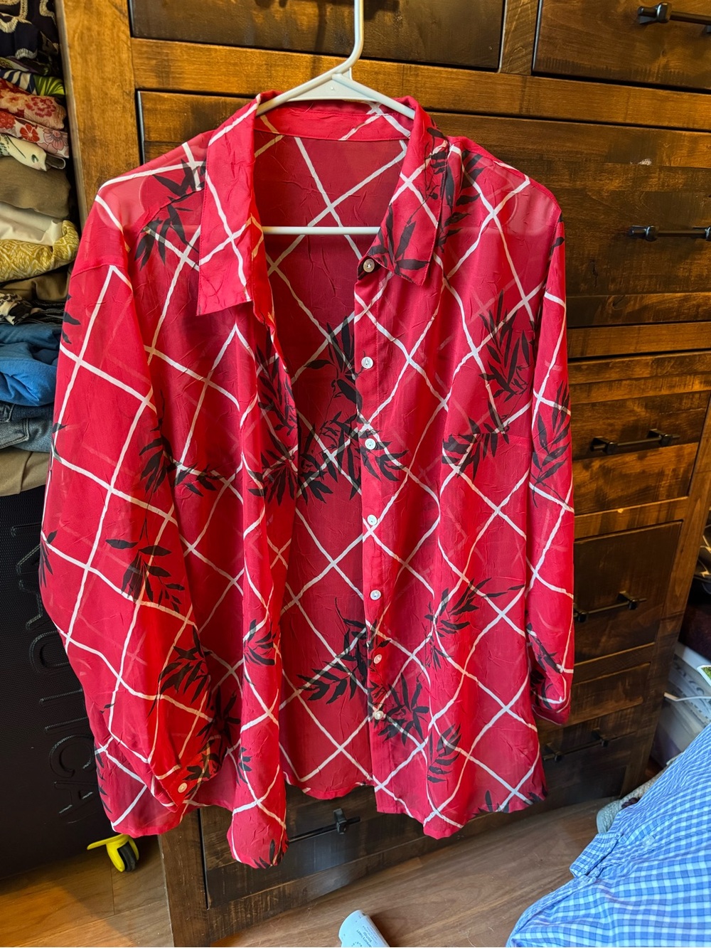 Red Windowpane Floral Button-Front Blouse